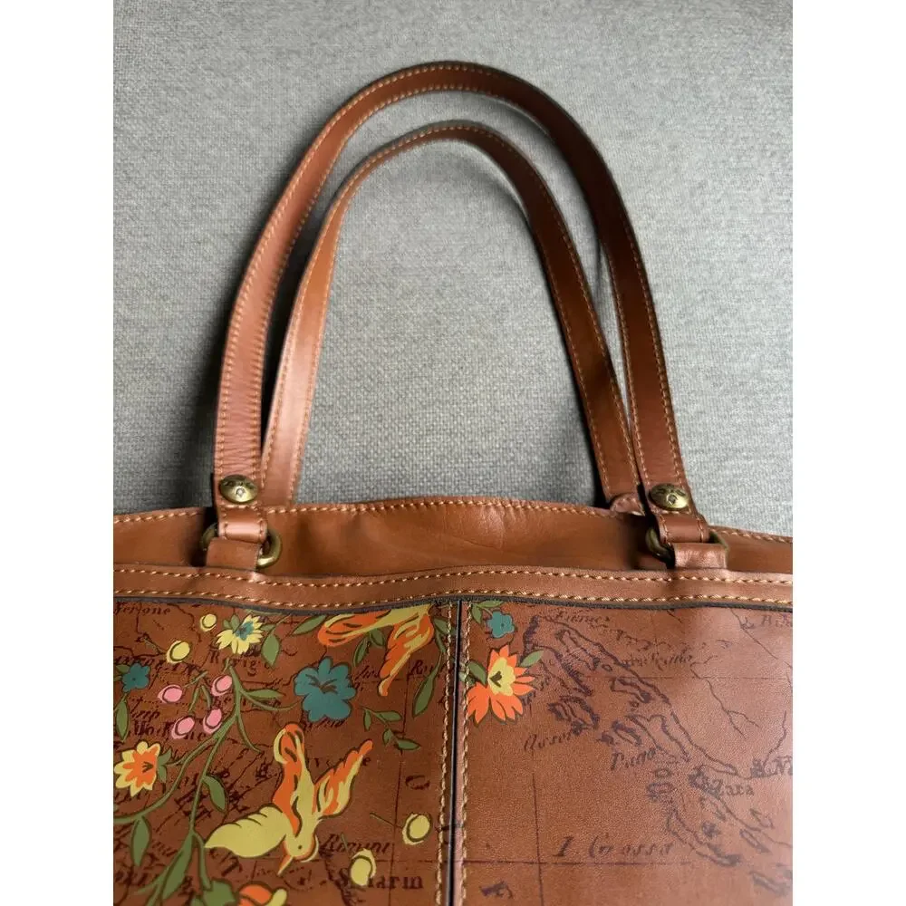 Patricia Nash Poppy Leather Boho Tote Shoulder Bag Floral Bird Map Print Tan